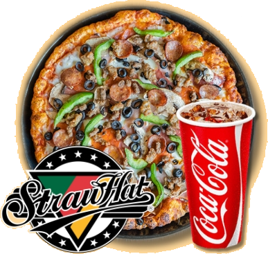 A delicious, hot “The Works” pizza next to a tall cup of Coca-Cola™ and the Straw Hat Pizza logo